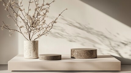 Poster - Modern minimalist display featuring flower arrangements and sculptural elements in soft lighting