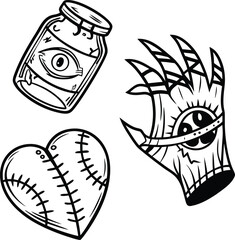 Aufkleber - black and white vector food icon set with milk, water, and fish illustrations, halloween