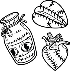 Aufkleber - hand-drawn vector art illustration of an apple and healthy food set design with a cartoon black and 