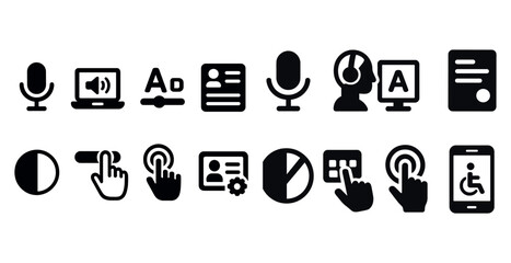Poster - Collection of icons for various devices and applications. The icons include a laptop, a mouse, a keyboard, a cell phone, a tablet, a computer monitor, a microphone, a speaker, a book, a pen, a paper