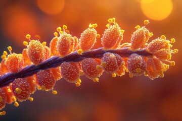 Wall Mural - Close-up of vibrant orange flower buds, glistening with dew, bathed in warm sunlight.