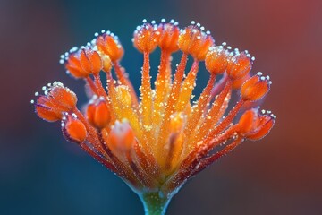 Wall Mural - A vibrant close-up of an orange flower covered in tiny, glistening particles, exhibiting intricate details and textures.