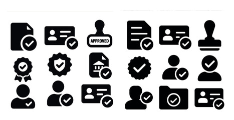Poster - Collection of icons that include a stamp, a check mark, and a person. The icons are all black and white