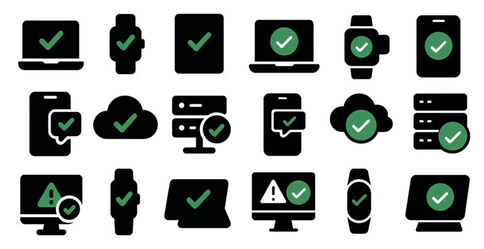 Collection of icons that are all green and black. They are all related to technology and devices