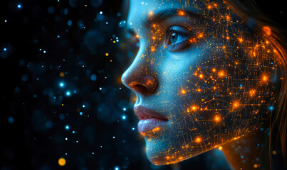 Poster - Profile of futuristic female face illuminated with glowing digital neural network connections and blue light particles on dark background representing artificial intelligence technology concept