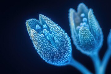 Close-up of vibrant blue flower buds, showcasing intricate details and textures.