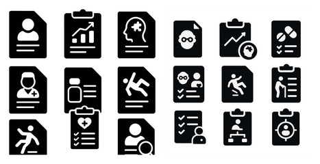Poster - Set of icons for a medical office. The icons include a clipboard, a person with a heart, a person with a broken leg, a person with a backpack, a person with a watch, a person with a stethoscope