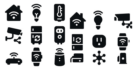 Poster - Collection of black and white icons for smart home devices. The icons include a smart watch, a smart thermostat, a smart refrigerator, a smart security camera, and a smart light