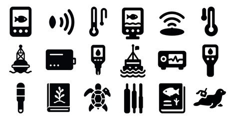 Poster - Collection of icons for various items, including a book, a turtle, a fish, and a thermometer