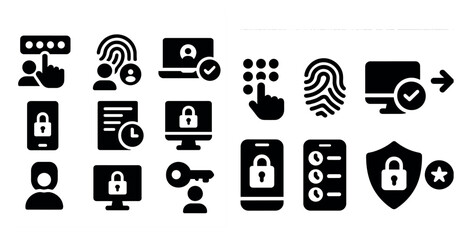 Poster - Collection of icons for security and privacy. The icons include a key, a fingerprint, a clock, a computer, a phone, and a shield