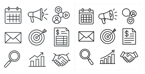 Poster - Set of icons for a calendar, email, and other office supplies. The icons are all black and white and include a calendar, a dollar sign, a dollar bill, a dollar sign with a dollar bill