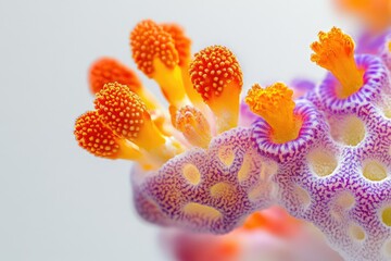 Wall Mural - Close-up of vibrant orange and purple flower, intricate details showcased in macro photography.
