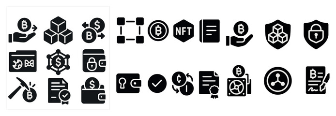 Leinwandbilder - Collection of black and white icons for various financial transactions. The icons include a wallet, a key, a box, a book, a shield, a pen, and a clock