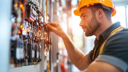 Poster - Electrician works on control panel with visible connections during daytime in industrial setting
