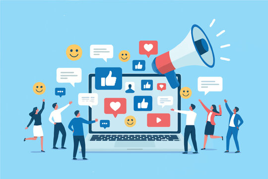 Social media marketing campaign with people and megaphone isolated on transparent background