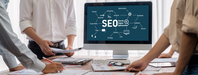 Aufkleber - SEO search engine optimization for brisk e-commerce and online retail business showing on computer screen
