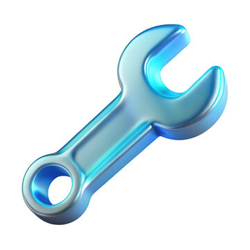 Shiny chrome wrench tool with blue and cyan highlights isolated on transparent background