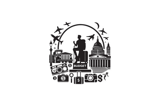A  Budget Travel   silhouette with a simple, understated design set against a white background 