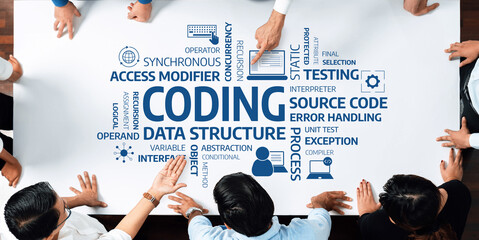 Poster - A dynamic coding session shows diverse hands engaged in discussion over a table filled with essential programming keywords, illustrating teamwork in software development. Amity
