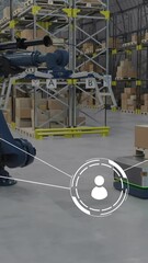 Poster - Animation of network of conncetions with icons over robotic arms and boxes in warehouse
