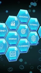 Aufkleber - Animation of hexagons with icons and texts over shapes on black background