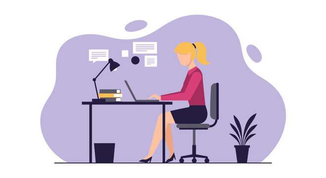 A professional woman works on her laptop at a desk, illustrating modern business, marketing, and web design concepts with a flat illustration style.