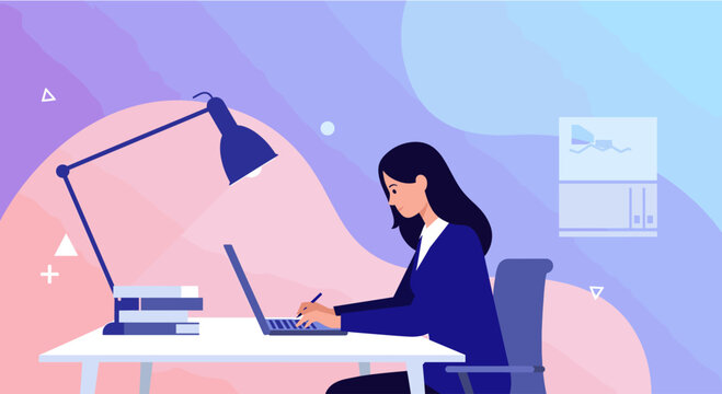 A female professional diligently works on her laptop at a modern desk, set against a vibrant abstract gradient background, ideal for web design and digital marketing.