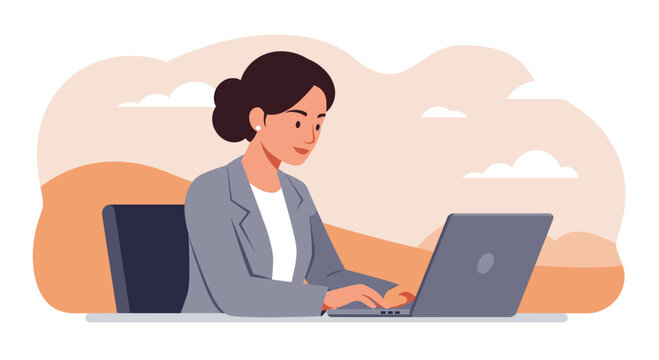 Businesswoman working on laptop outdoors, flat design illustration ideal for landing page, banner, marketing, web design, presentation or infographic.