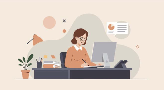 Woman working on computer at desk with charts and plant, flat design illustration for web and marketing.
