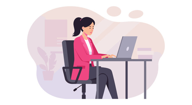 Flat design illustration of a businesswoman working on her laptop at her desk, ideal for landing page banners, marketing presentations, and web design projects.
