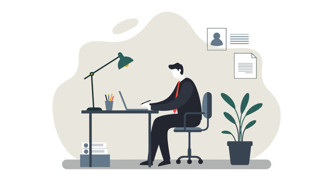 A vector illustration depicts a businessman working at his desk, using a laptop, with a lamp and plant, ideal for marketing materials and web design projects.