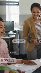 Poster - Animation of notification bars over diverse female coworkers discussing on desk in office