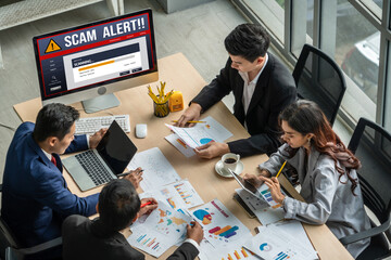 Poster - Cyber security software show alert of cyber attack for protection snugly. Danger from virus, phishing and cyber fraud.
