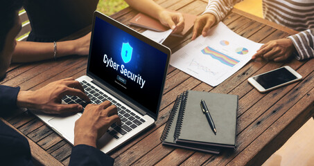 Poster - Cyber security system on computer screen protect private information snugly from hacker and cyber attack
