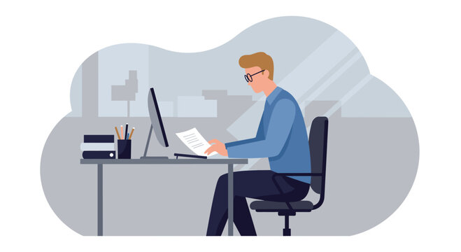 Modern flat design illustration of a man working at a computer on a landing page, perfect for marketing and web design presentations.