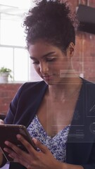 Poster - Animation of globes, loading circles, bars, woman scrolling on digital tablet in classroom