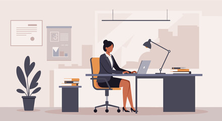 A woman is seated at a desk in an office, working on a laptop with a lamp on the desk in front of her. Suitable for landing page, banner, marketing, web design, presentation, infographic, etc.