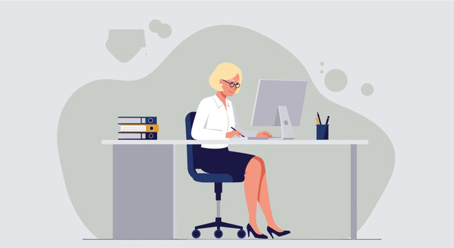 Flat design illustration of a businesswoman working on her computer, ideal for landing pages, banners, marketing presentations, and web design projects needing a modern and professional touch.