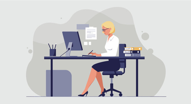 A blonde businesswoman working on a computer at her desk, in a flat design illustration, ideal for marketing materials, web design projects, or presentations, showcasing modern office concepts.
