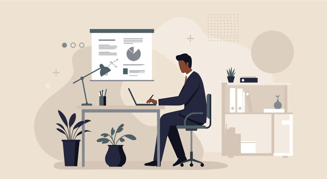 An illustration depicts a businessman working diligently at his desk, creating a presentation for marketing and web design purposes, in a flat design style with a modern aesthetic.