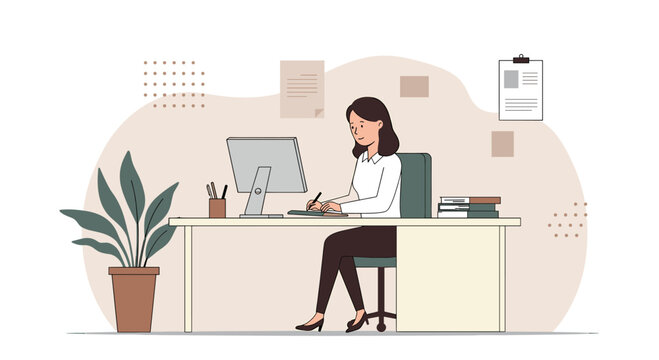A female graphic designer is working on a computer and graphics tablet at her desk, creating marketing materials for a landing page or presentation.  The illustration is in a flat design style,