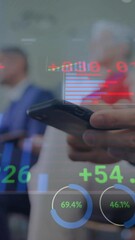 Poster - Animation of financial data processing over caucasian businessman using smartphone