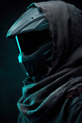 Wall Mural - Cinematic side portrait of techwear helmet and scarf combo, sharp angles and deep shadows across face