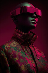 Wall Mural - black abstract onyx mannequin face with neon magenta cyberpunk visor shades, and a popped collar cyberpunk inspired jacket
