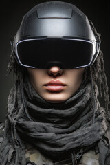 Wall Mural - Head-and-shoulders portrait of techwear model in black visor helmet, light glowing from beneath, neck layered in tactical scarf futuristic helmet reflections
