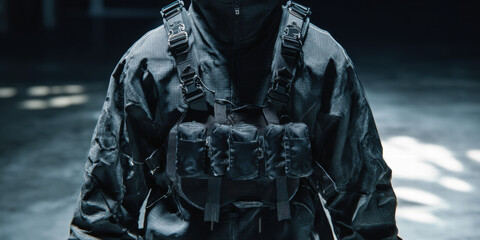 Wall Mural - Abstract torso shot of floating chest rig and techwear jacket combination, black carbon-fiber-like textures, metal clips,