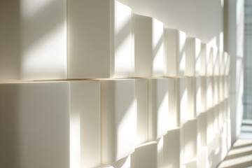 Aufkleber - Geometric white wall panel illuminated by sunlight, creating abstract pattern with soft shadows and modern minimalist design, evoking calm and serene atmosphere in interior space