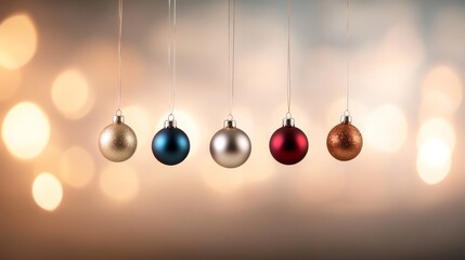 Aufkleber - Elegant christmas ornaments display with shiny metallic finish on suspended strings in warm bokeh background.