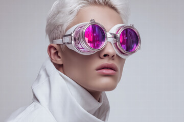 Wall Mural - young male model with round futuristic goggles, the glasses have a vibrant purple and pink hue, the model has white hair, the model is wearing white clothing
