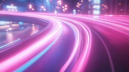 Poster - Futuristic neon pink and blue light trails racing across a sleek city street at night, dynamic motion, hightech abstract scene conveying data transfer and innovation, wideangle view.